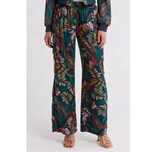 TAHARI Wide Leg Pants Plus Size 2X Green Floral Pullon Elastic Waist Cargo Rayon